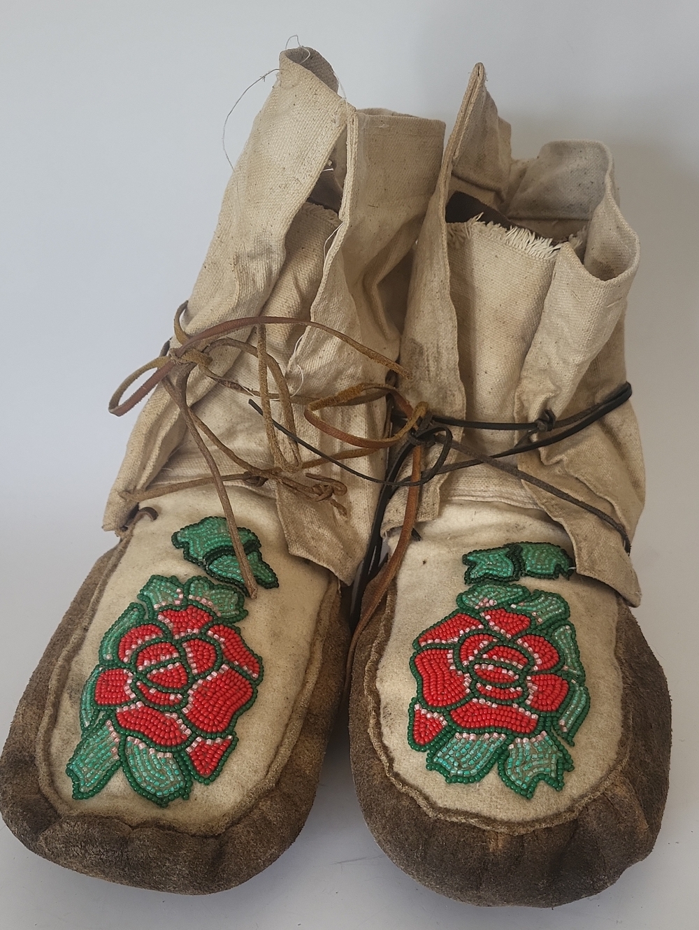 Vintage Handmade Beaded Hide Moccasins - Cree/Métis Style Wild Rose